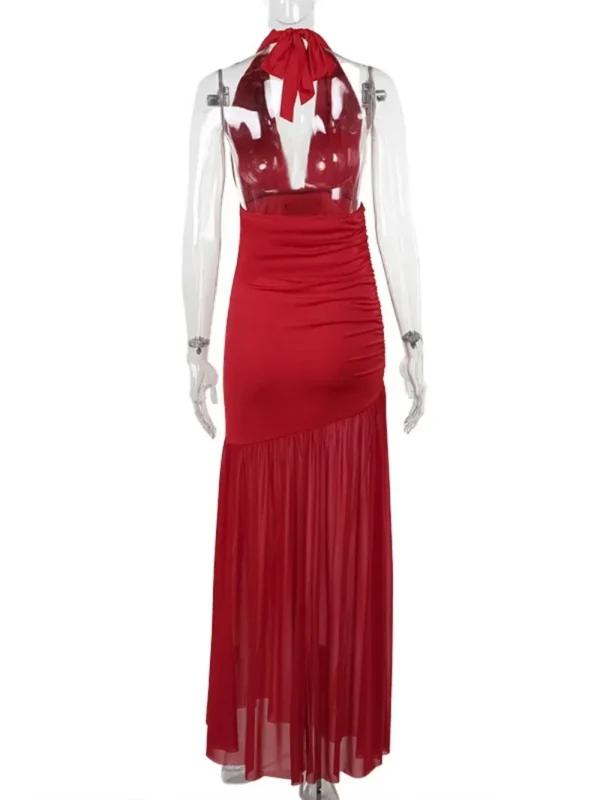 Elegant Red Halter Neck Backless Maxi Dress Women Wedding Prom - Image 6