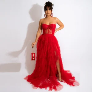 Red Lace Floral Sheer Strapless Elegant Wedding Party Prom Dress