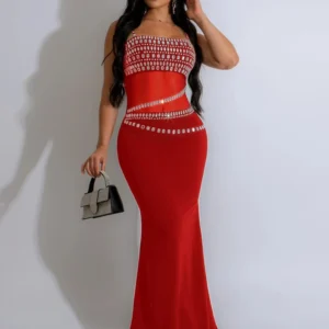 Luxury Red Mesh Rhinestone Strap Sleeveless Mermaid Prom Dress