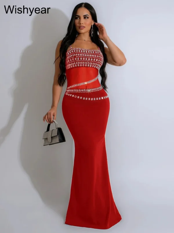 Luxury Red Mesh Rhinestone Strap Sleeveless Mermaid Prom Dress