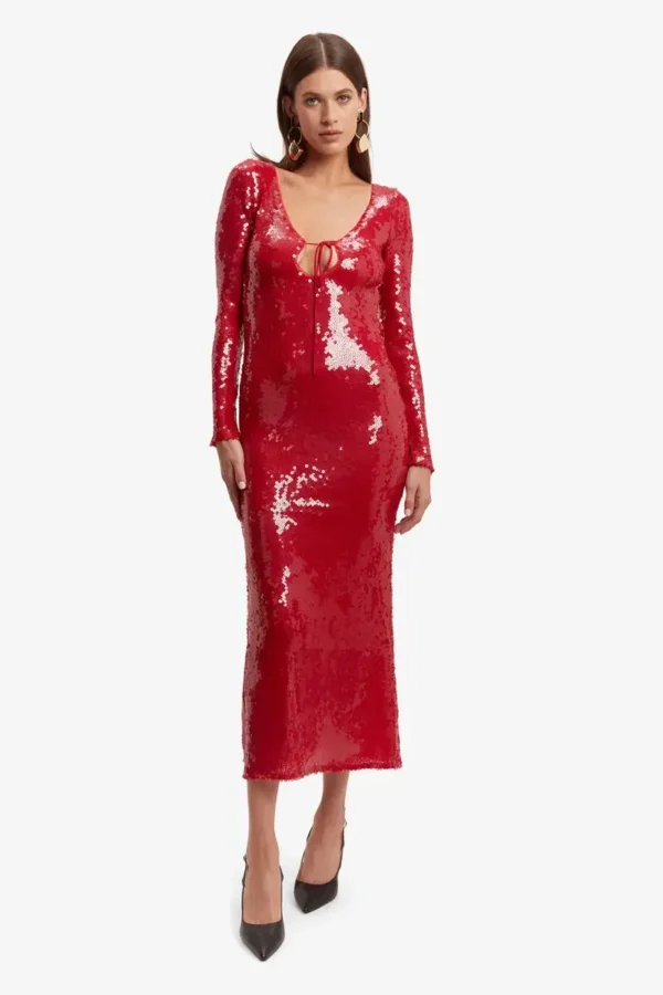 Sexy Deep V Neck Red Backless Lace Up Bodycon Midi Dress Party Gown - Image 2