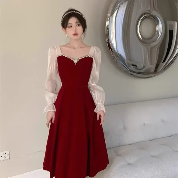 Wine Red Winter Bridal A-Line Slimming Luxury Evening Toast Dress - Image 3