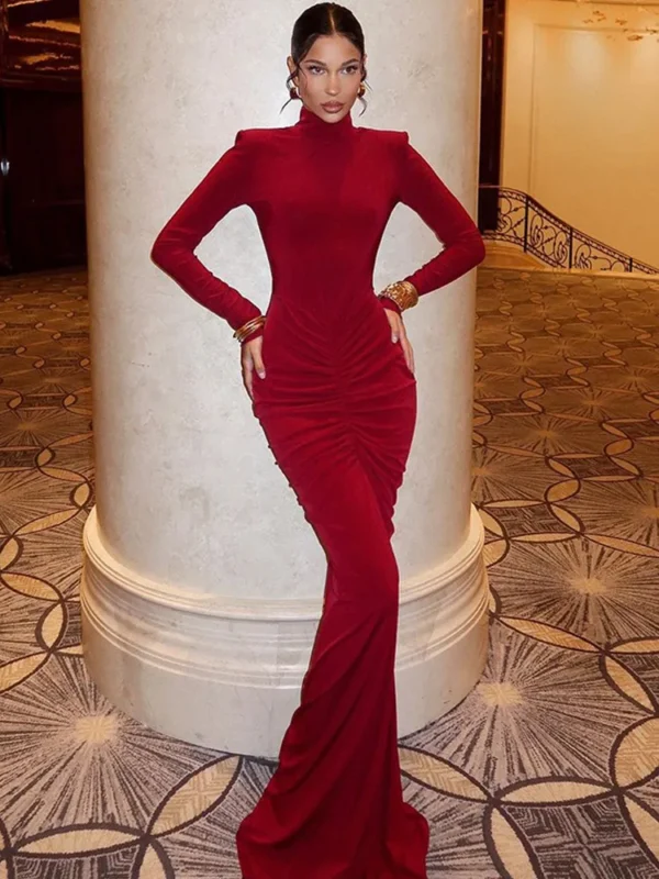 Red Prom Dresses Elegant Pleated Slim Fit Long Sleeve Gown 2024