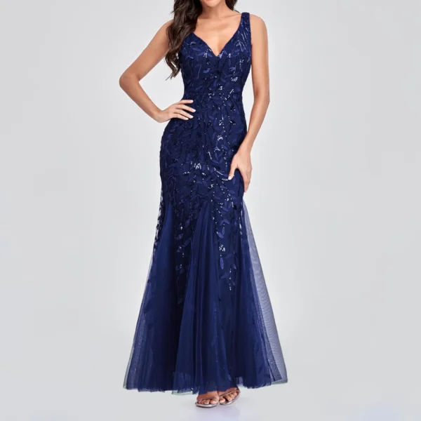 Red Embroidered Beaded Deep V Neck Fishtail Maxi Evening Dress - Image 5