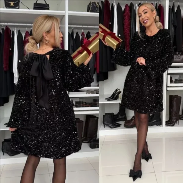 Elegant Red Sequin Bow Loose Dress For Women Christmas Party Wear - Image 3