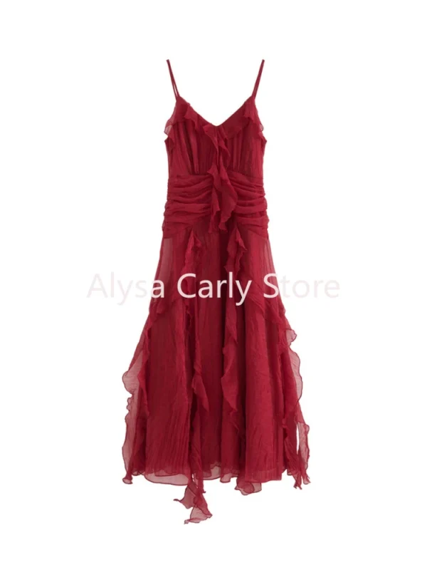 Red prom dresses with ruffles, strapless, elegant Y2K autumn party style - Image 6