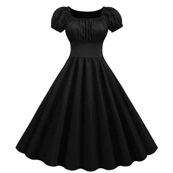 Red Black Women Summer Dress Puff Sleeve High Waist Midi Dress - Image 4