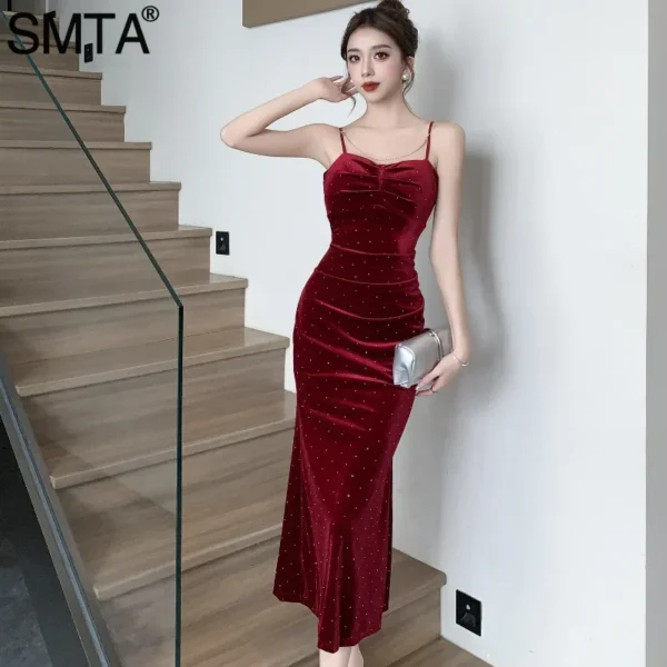 Vintage Sexy Red Spaghetti Strap Velvet Slit Bodycon Prom Dress
