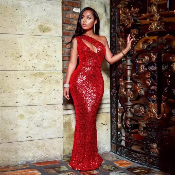 Red Prom Dresses Sexy Hollow Out One Shoulder Sleeveless Maxi Gown