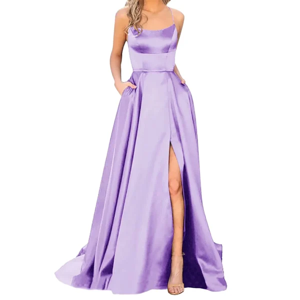 Red Prom Dresses Elegant Spaghetti Strap Slit Big Swing Evening Gown - Image 4