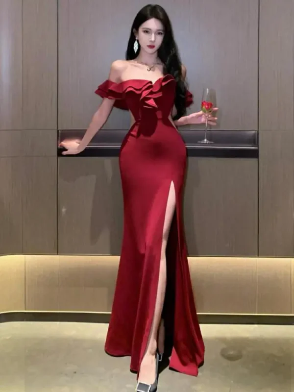 2025 Summer Red Off Shoulder Backless High Split Ruffle Party Dress - Image 4