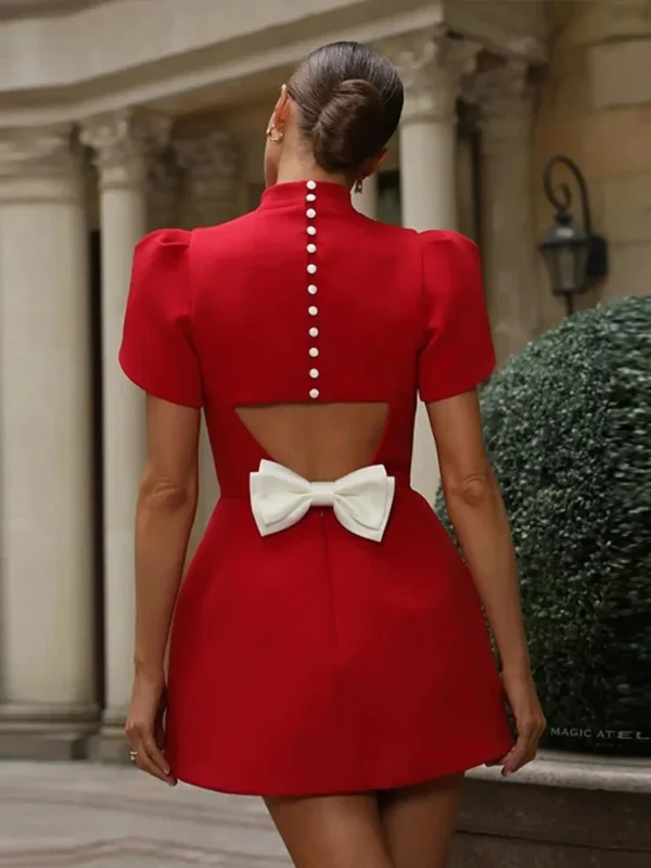 Elegant red prom dresses, bow hollow out, short sleeve, A-line - Image 2