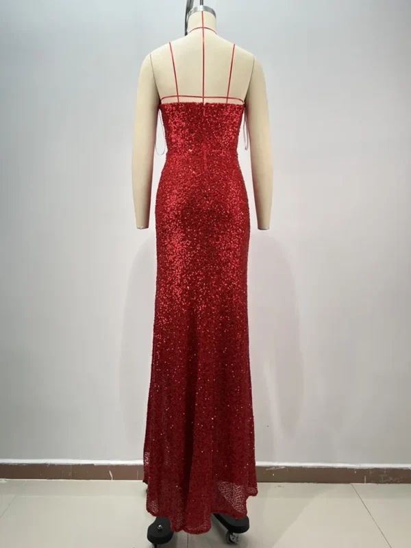 Luxury Red Strapless V Neck Open Leg Maxi Prom Gown Dress Elegant - Image 5
