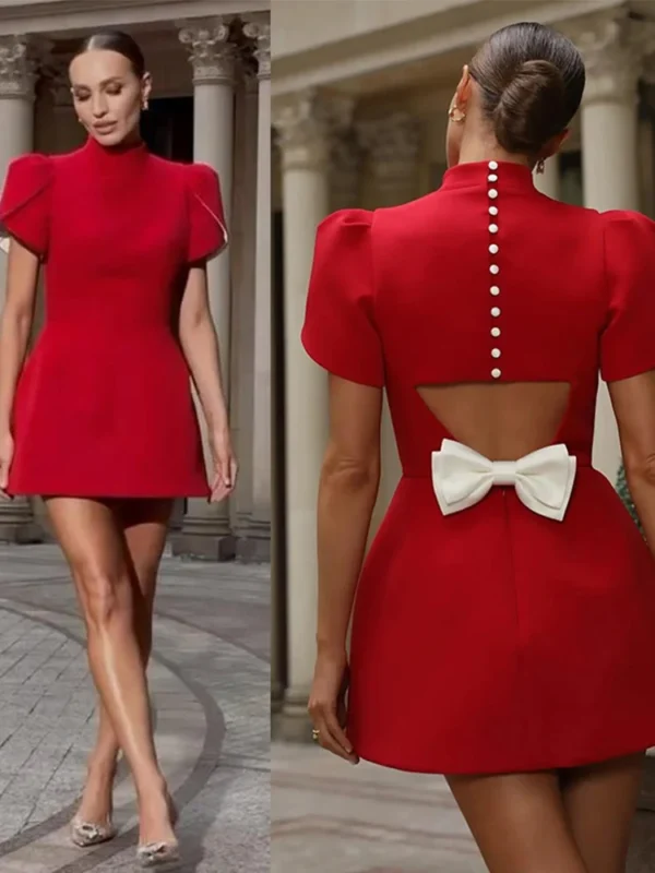 Elegant red prom dresses, bow hollow out, short sleeve, A-line - Image 4