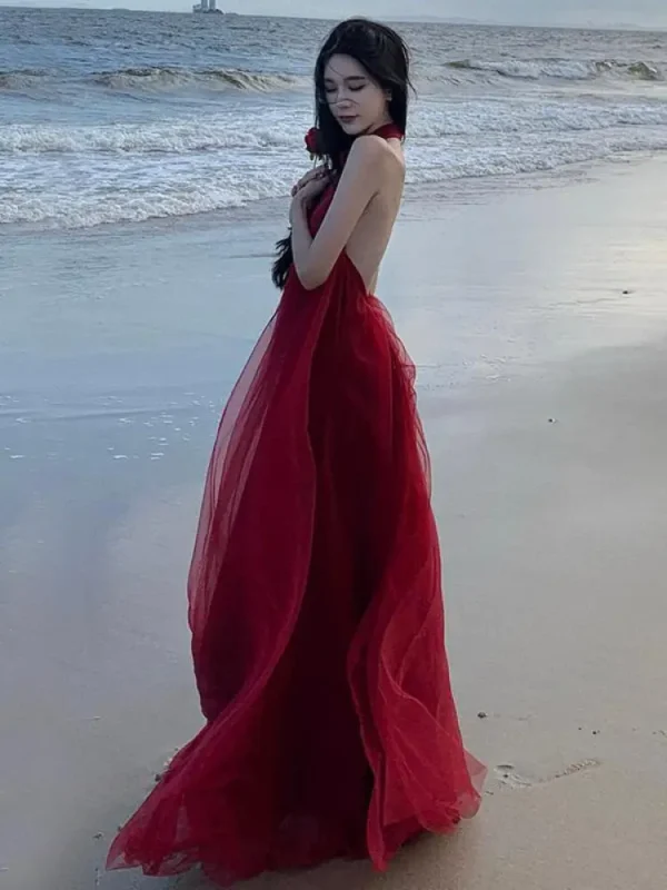 French Red Elegant Halter Mesh Backless Bandage Long Party Dress - Image 2