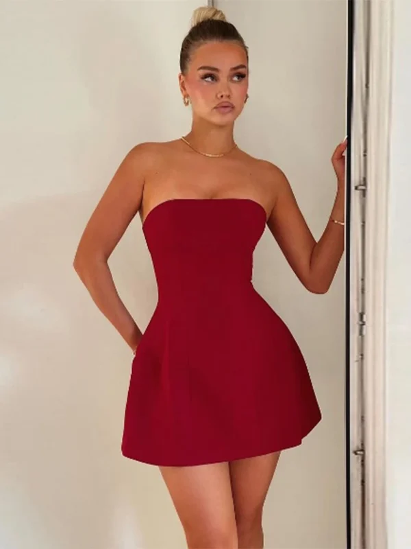Red Prom Dresses Strapless Mini Backless Sleeveless High Waist Gowns - Image 2
