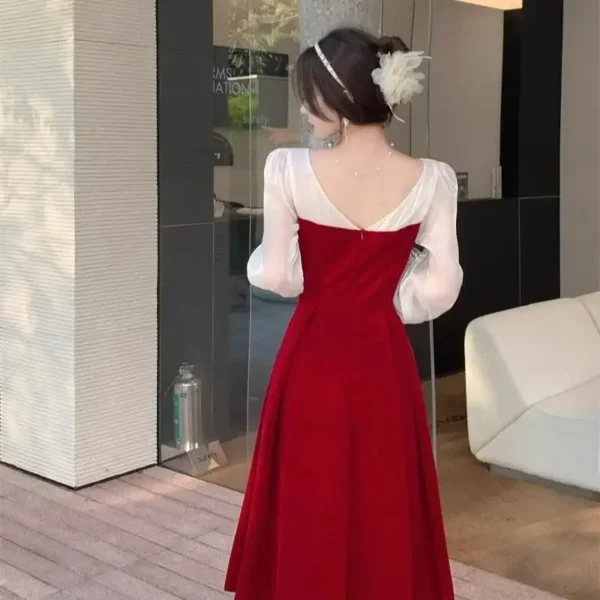 Wine Red Winter Bridal A-Line Slimming Luxury Evening Toast Dress - Image 4