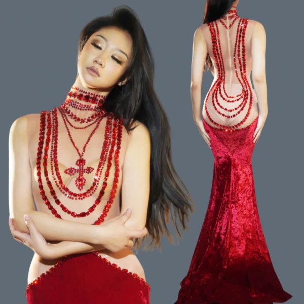 Sparkly Red Velvet Rhinestone Fishtail Evening Wedding Party Dress