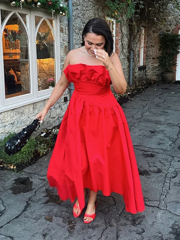 Y2K Strapless Red Maxi Dress Women Ruffle High Waist Gown - Image 2