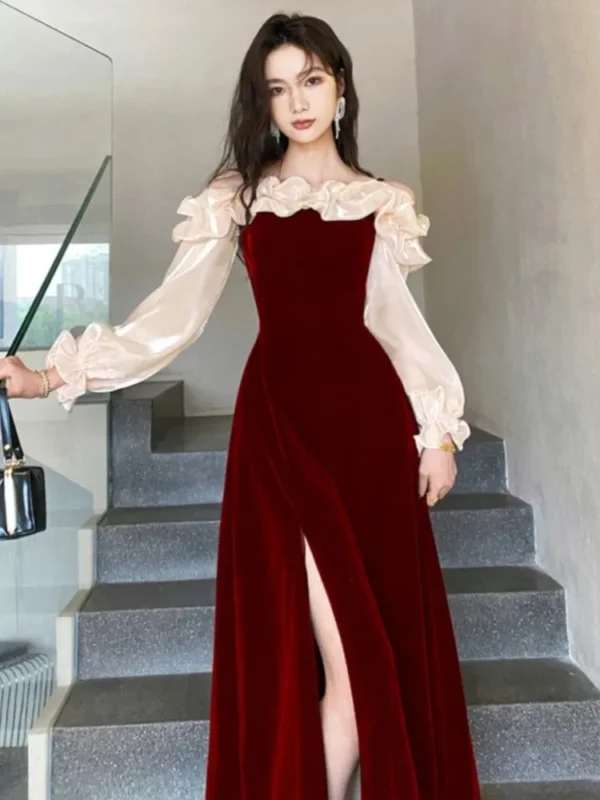 Elegant red prom dresses with ruffles, puff sleeves, and split design