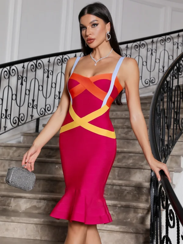 Sexy Prom Bandage Dresses Ruffles Rose Red Slim Midi Gown Fashion
