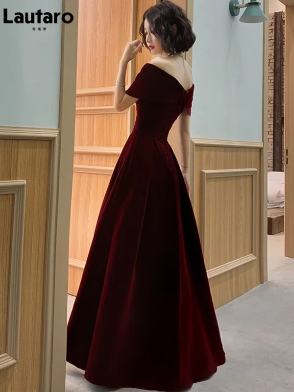 Red prom dresses, wine red off-shoulder velvet evening maxi gown - Image 2