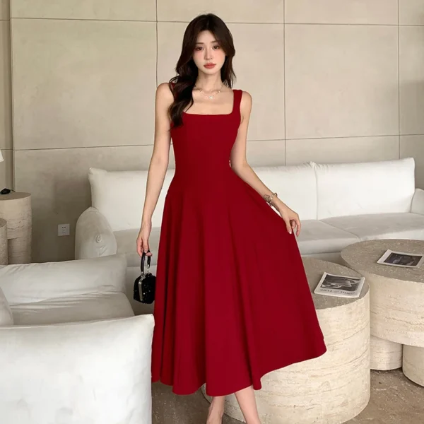 Red Square Collar Spaghetti Strap Backless Swing Prom Party Dress - Image 2