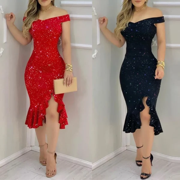 Red Sexy Off Shoulder Bodycon Glitter Ruffle Hem Evening Dress - Image 3