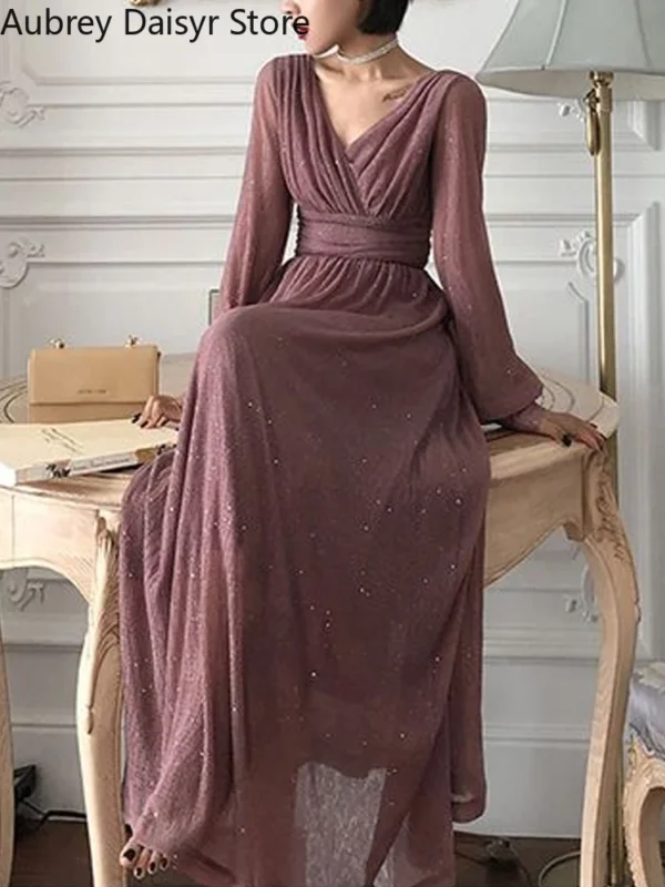 Elegant Sequin Red Long Dress V-Neck Vintage Wedding Party Gown - Image 4