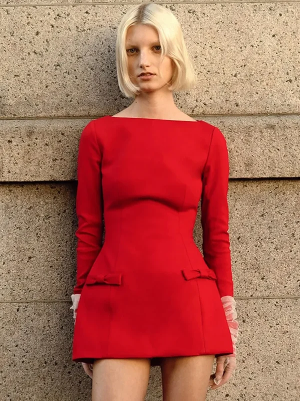 Red Long Sleeve Mini Dress Women Bow Elegant Fit Flare - Image 4