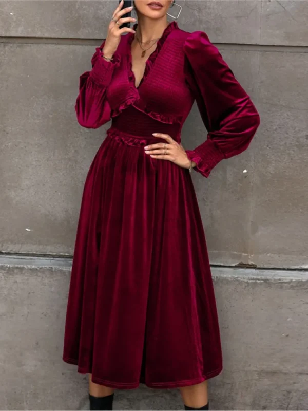 2025 Red Velvet V-neck Long Dress Elegant Vintage Prom Party Dress - Image 5