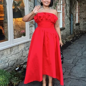 Y2K Strapless Red Maxi Dress Women Ruffle High Waist Gown