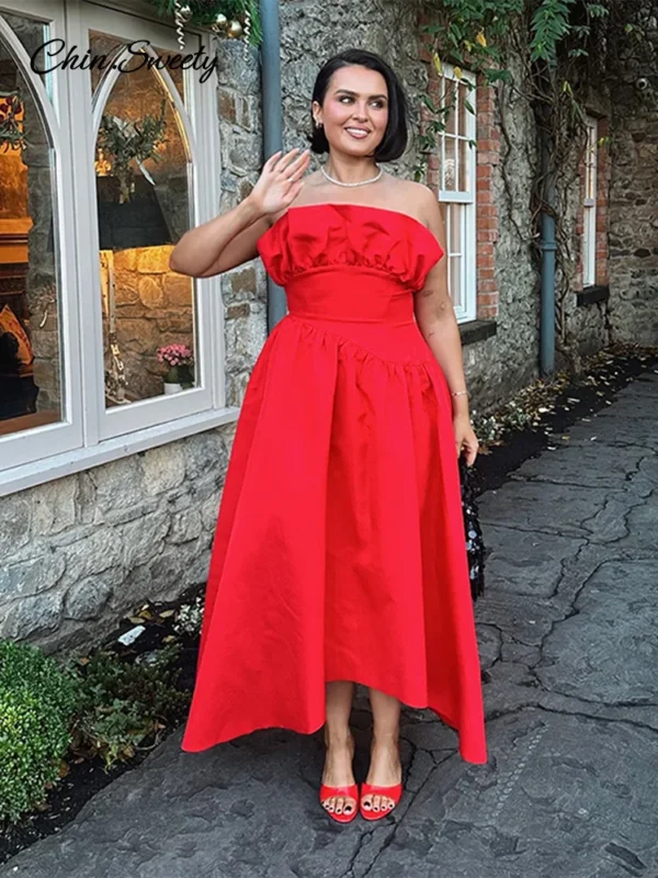 Y2K Strapless Red Maxi Dress Women Ruffle High Waist Gown