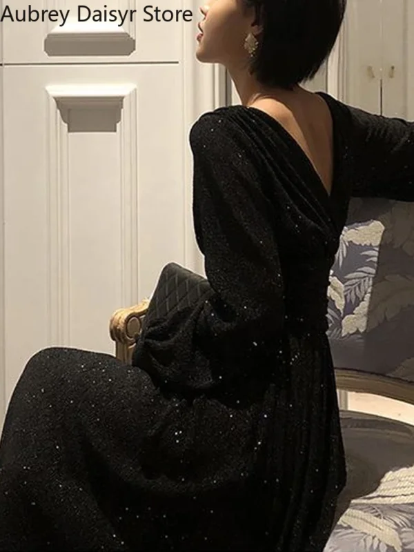 Elegant Sequin Red Long Dress V-Neck Vintage Wedding Party Gown - Image 5