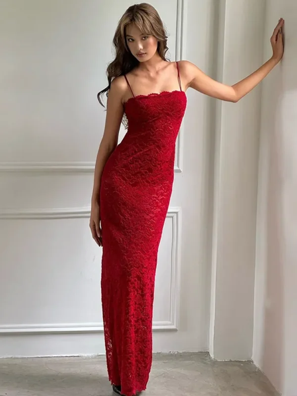 Elegant Red Lace Sling Dress Sleeveless Backless High Slit Maxi Gown - Image 3