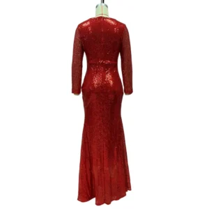 Elegant Red Prom Dresses Deep V Neck Sequin Mermaid Slim Fit