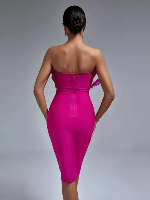 Red Bandage Dress Women Feather Bodycon Strapless Party Dress - Image 5