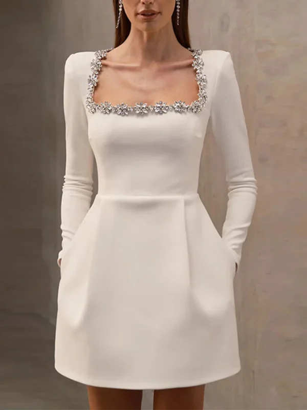 Red Prom Dresses Rhinestone Decor Velvet Mini Dress Long Sleeve Slim - Image 5