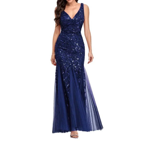 Red Embroidered Beaded Deep V Neck Fishtail Maxi Evening Dress - Image 4