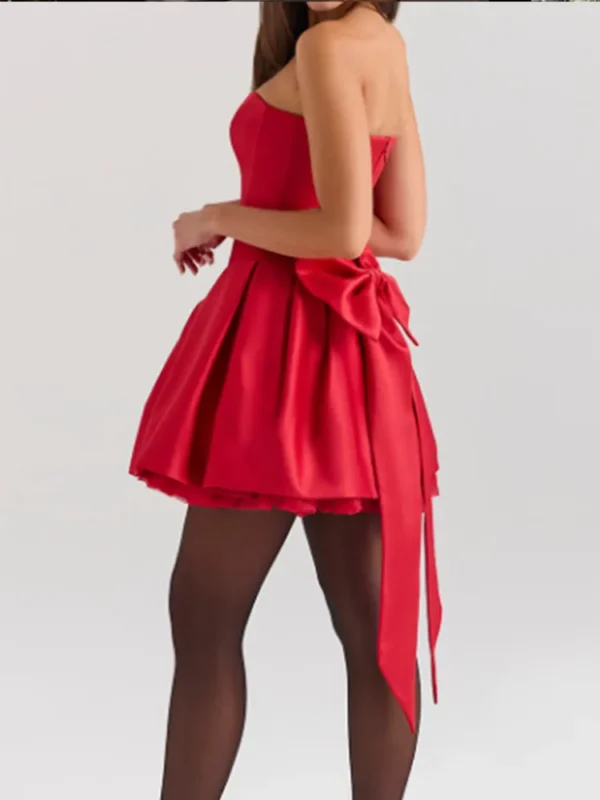Backless Bow Strapless High Waist Red Pleated Wedding Party Dress - Image 5