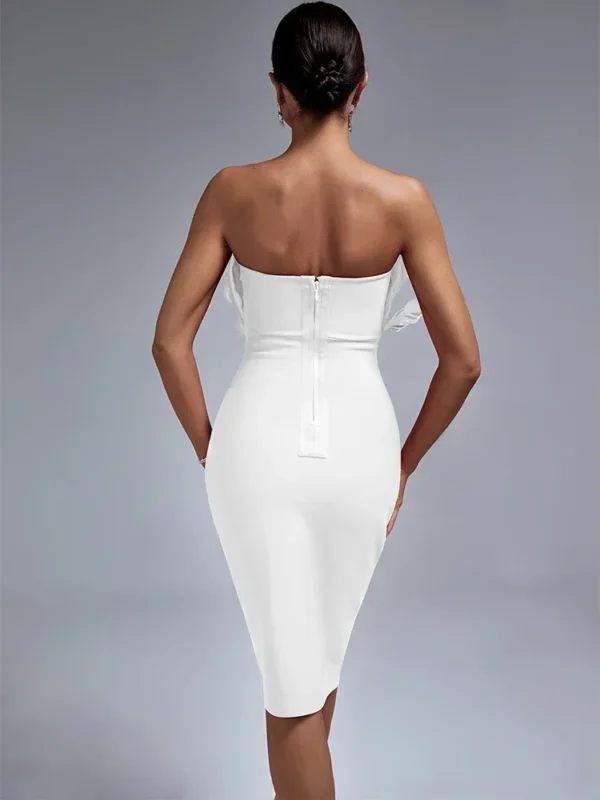 Red Bandage Dress Women Feather Bodycon Strapless Party Dress - Image 3