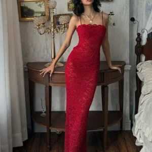 Elegant Red Lace Sling Dress Sleeveless Backless High Slit Maxi Gown