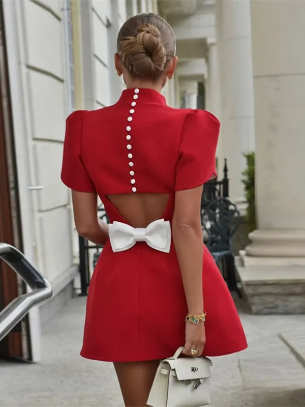 Red prom dresses, bow mini dress, short sleeve backless A-line - Image 2