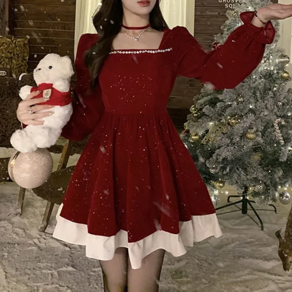 Elegant Red Prom Dresses with Ruffles, Glitter, and Square Collar