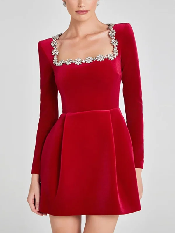 Red Prom Dresses Rhinestone Decor Velvet Mini Dress Long Sleeve Slim - Image 2