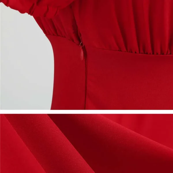 Red Black Women Summer Dress Puff Sleeve High Waist Midi Dress - Image 6