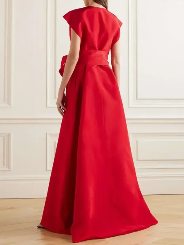 Red prom dresses, sleeveless round neck tied high-waisted pleated maxi - Image 2