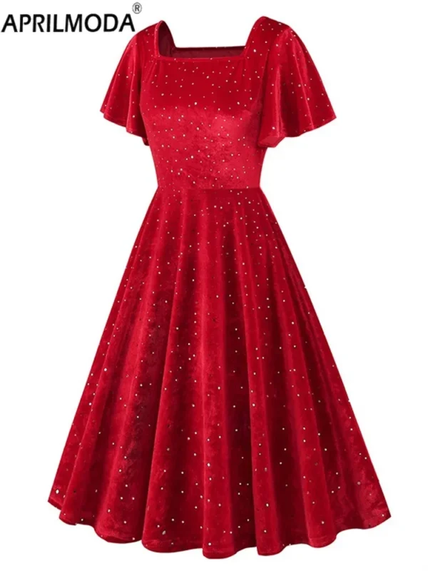 Red Prom Dresses Elegant Vintage Velvet A-Line Flare Party Gown Women - Image 2