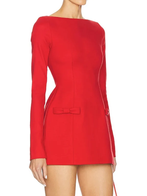 Red Long Sleeve Mini Dress Women Bow Elegant Fit Flare - Image 2