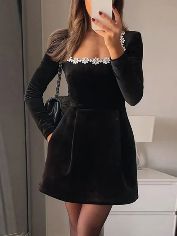 Red Prom Dresses Rhinestone Decor Velvet Mini Dress Long Sleeve Slim - Image 3